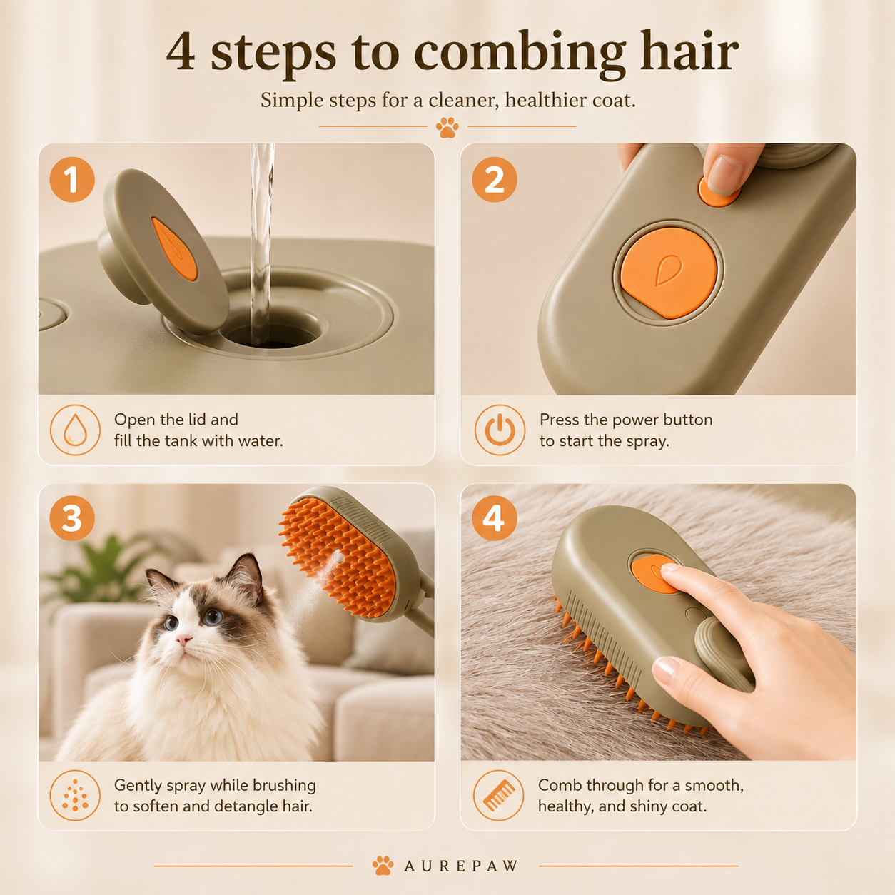 AUREPAW™ Self-Cleaning Steam Grooming Brush