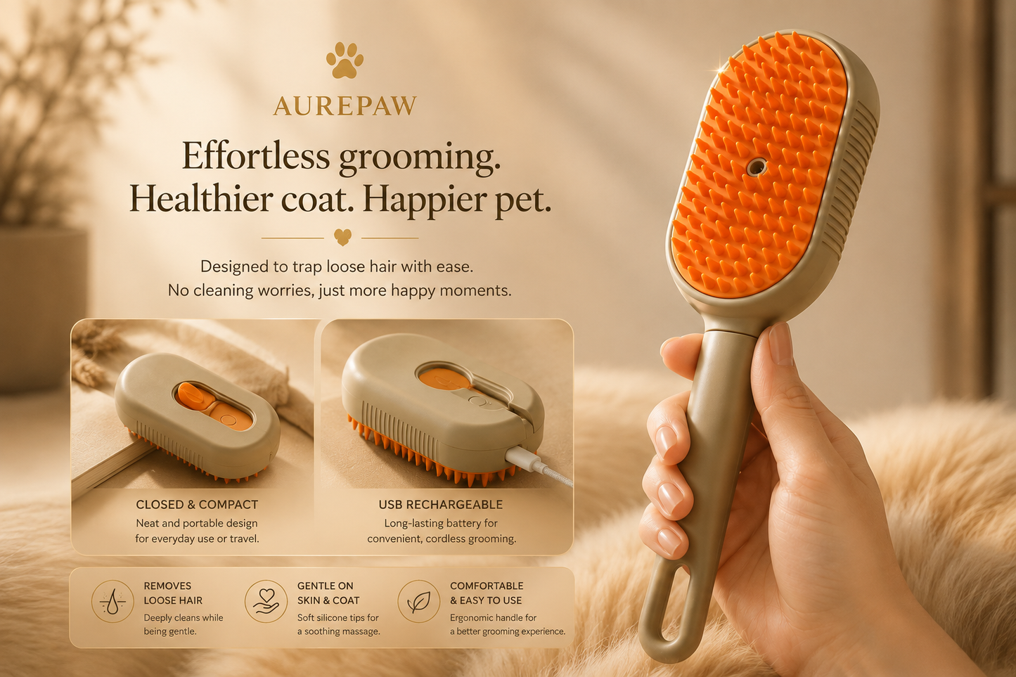 AUREPAW™ Self-Cleaning Steam Grooming Brush